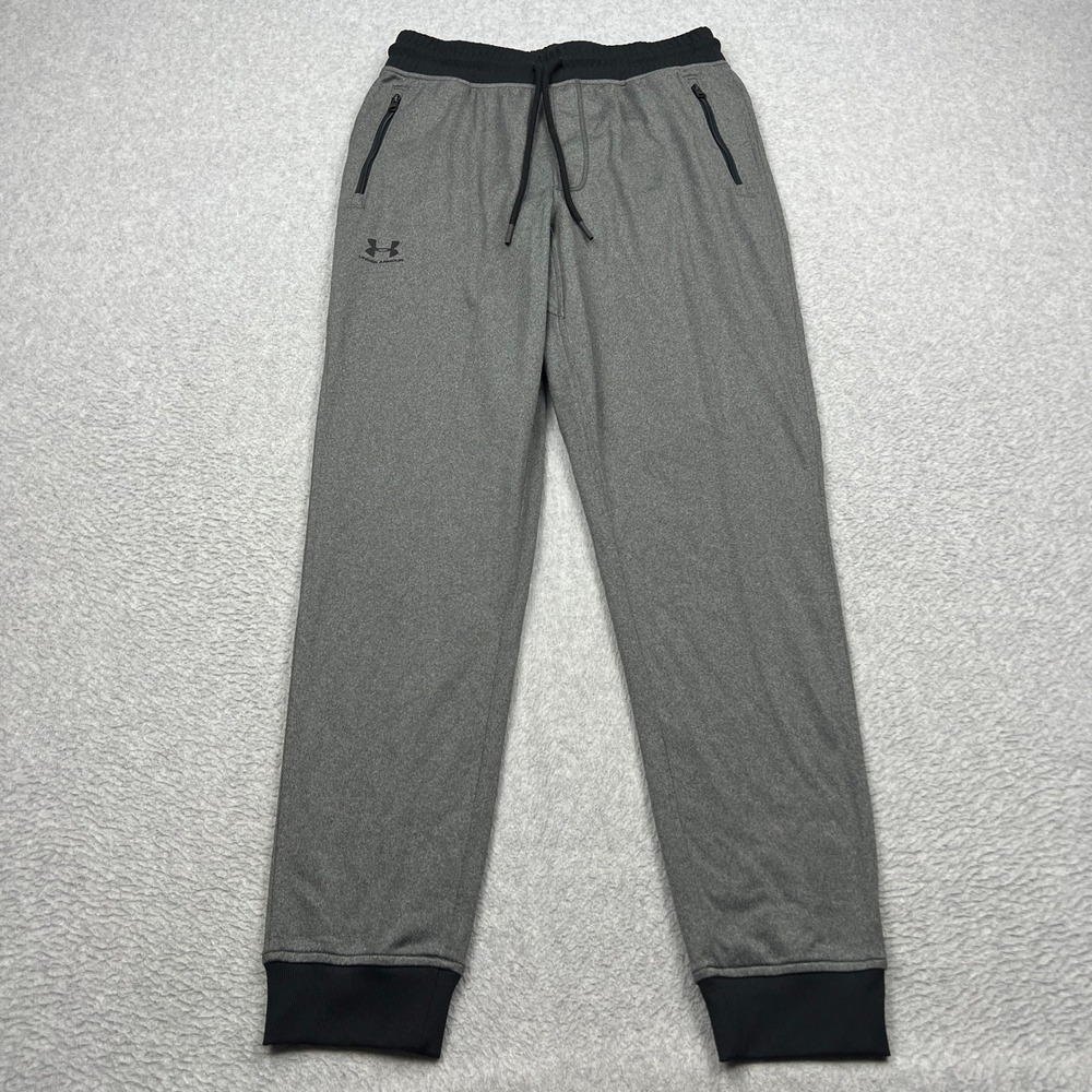 Under Armour Jogger Pants Mens Medium Gray Zip Pockets Loose Fit Tie 1290261